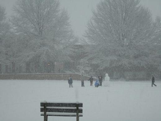 Archival photo of a snowy WVU Potomac State College Quad